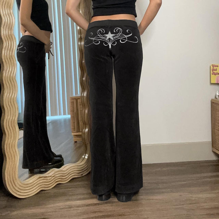 Women's soft velour flared pants with rhinestone decorative star and drawstring waistband Mune Fashion