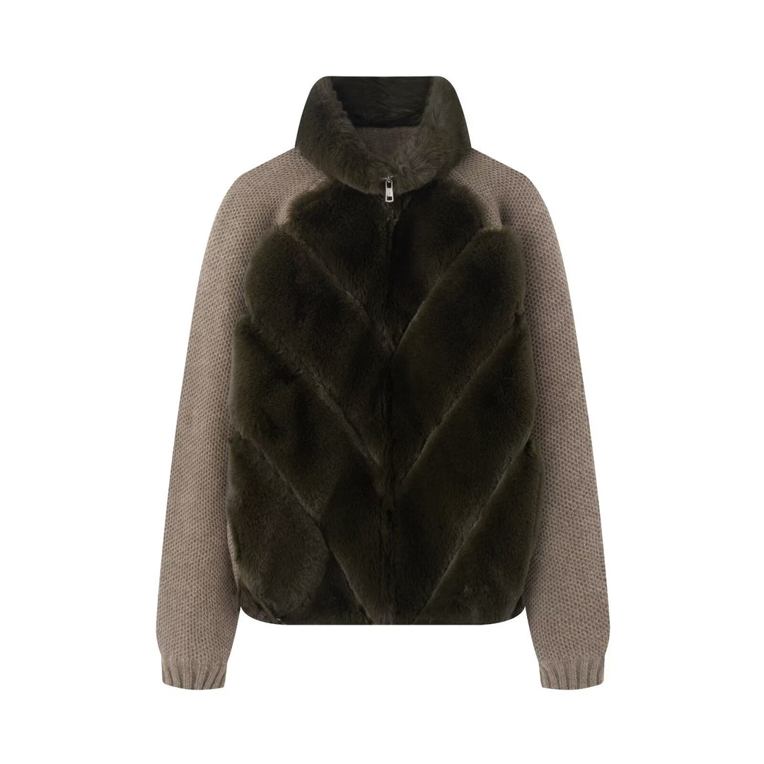 Women's Short Jacket with Faux Fur Insert, Chunky Knitted Sleeves and Stand-Up Collar Mune Fashion