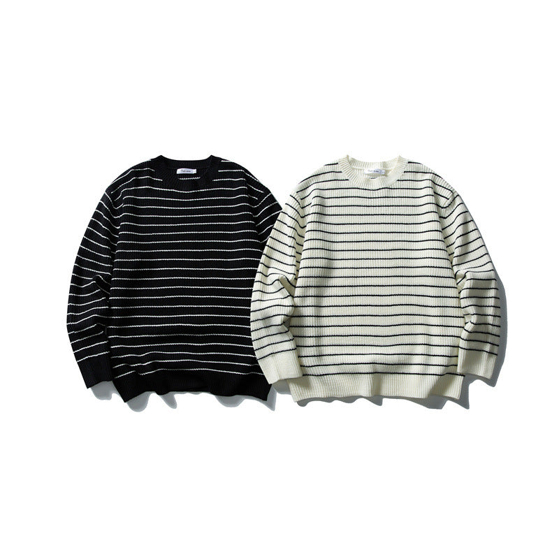 Unisex wide rib knit sweater with maritime stripe pattern and straight hem Mune Fashion