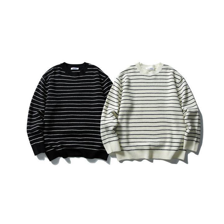 Unisex wide rib knit sweater with maritime stripe pattern and straight hem Mune Fashion