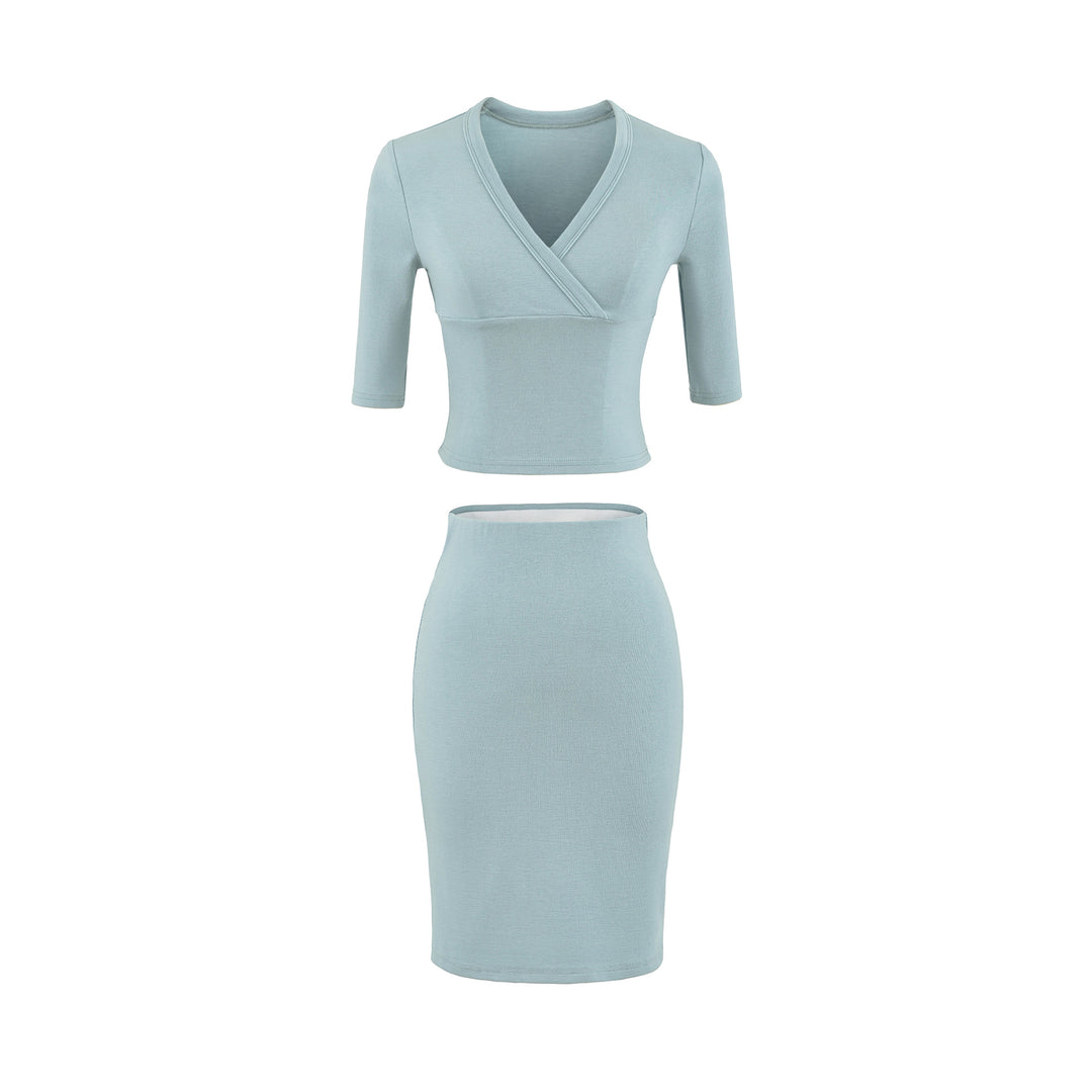 Women's two-piece figure-hugging wrap top with three-quarter sleeves and high-waisted pencil skirt Mune Fashion