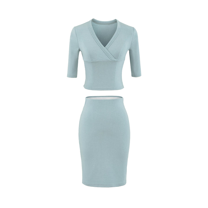 Women's two-piece figure-hugging wrap top with three-quarter sleeves and high-waisted pencil skirt Mune Fashion