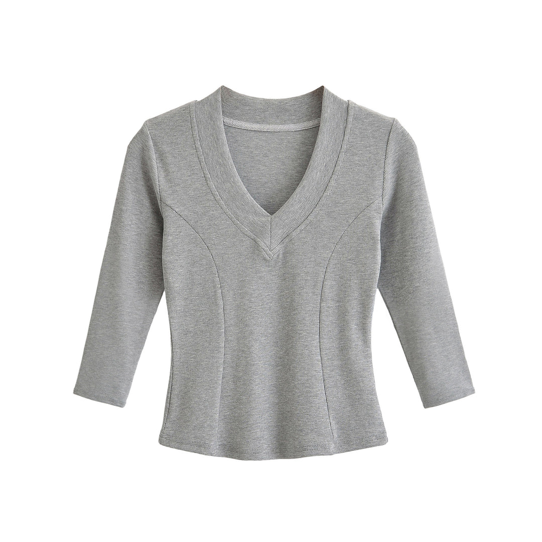 Women's Ribbed Long Sleeve Shirt with V-Neck and Tailored Fit Mune Fashion