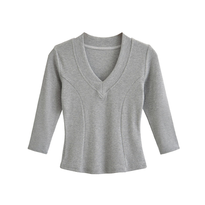Women's Ribbed Long Sleeve Shirt with V-Neck and Tailored Fit Mune Fashion
