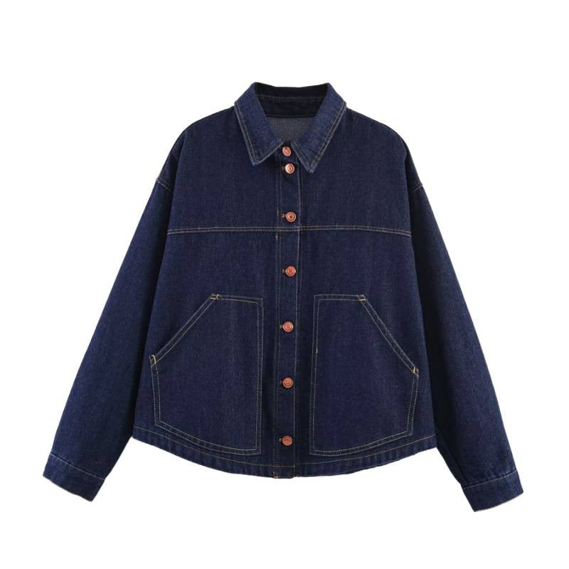 Women's Oversized Denim Jacket with Boxy Cropped Cut, Patch Pockets and Contrast Stitching Mune Fashion