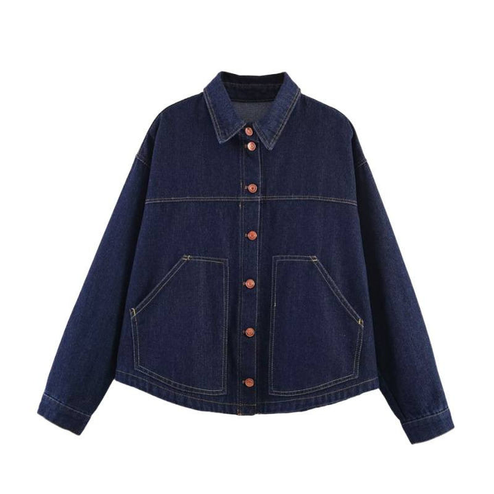 Women's Oversized Denim Jacket with Boxy Cropped Cut, Patch Pockets and Contrast Stitching Mune Fashion