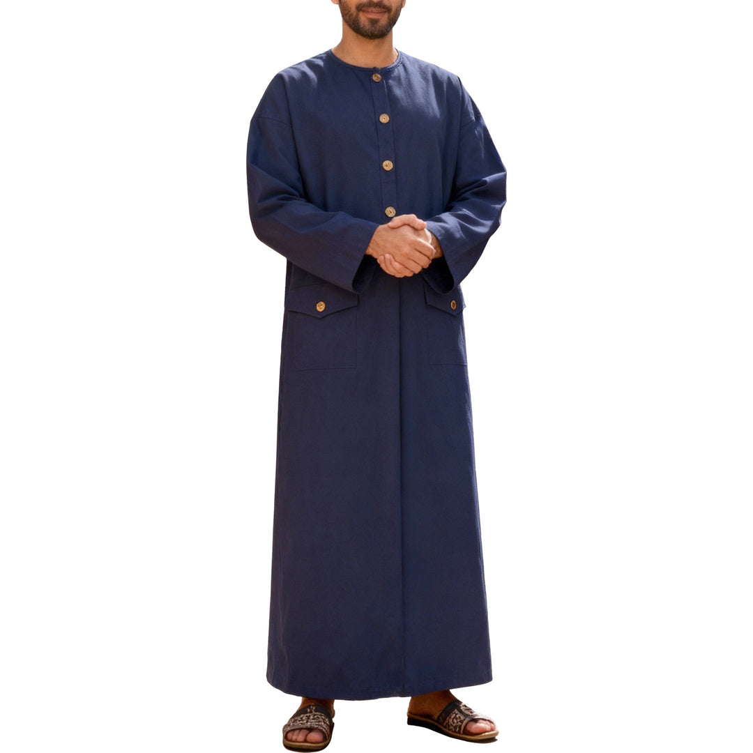 Men's long minimalist coat with round neckline, continuous button placket, and applied flap pockets Mune Fashion