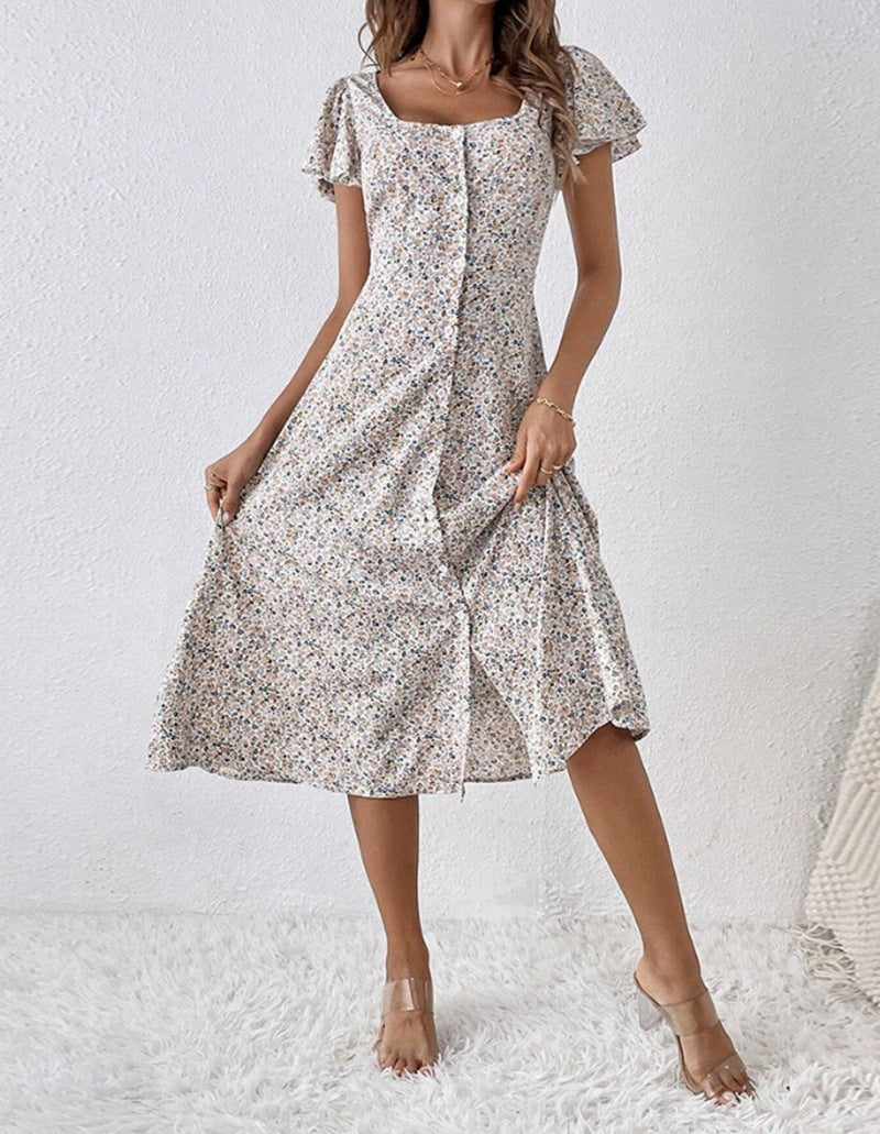 Women's fitted midi dress with square neckline, concealed button placket, and flowing A-line skirt Mune Fashion