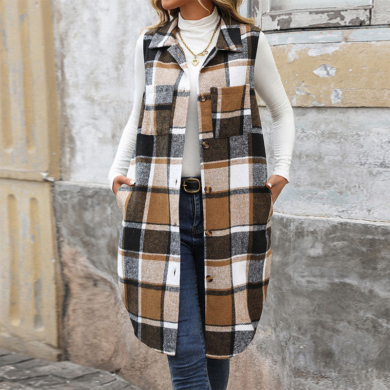 Ladies Long Gilet with Check Pattern Mune Fashion