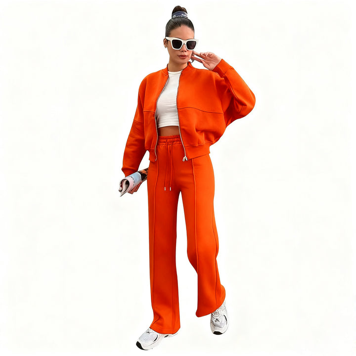 Women’s cropped bomber jacket with zipper and loose high-waist joggers set Mune Fashion