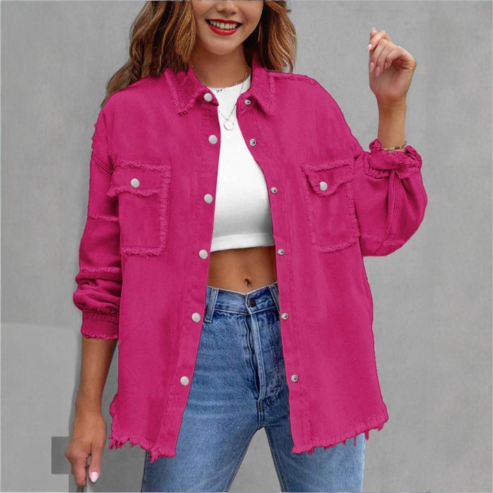 Women's Oversized Denim Utility Jacket with Frayed Edges and Flap Pockets Mune Fashion