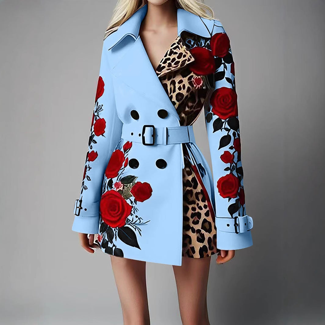 Women Tailored Trench Coat with Rose Print and Leopard Lining Mune Fashion