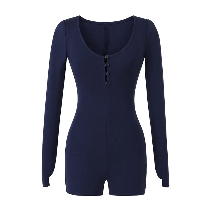 Women Fitted Long Sleeve Bodysuit with Button Placket and Short Shorts Mune Fashion