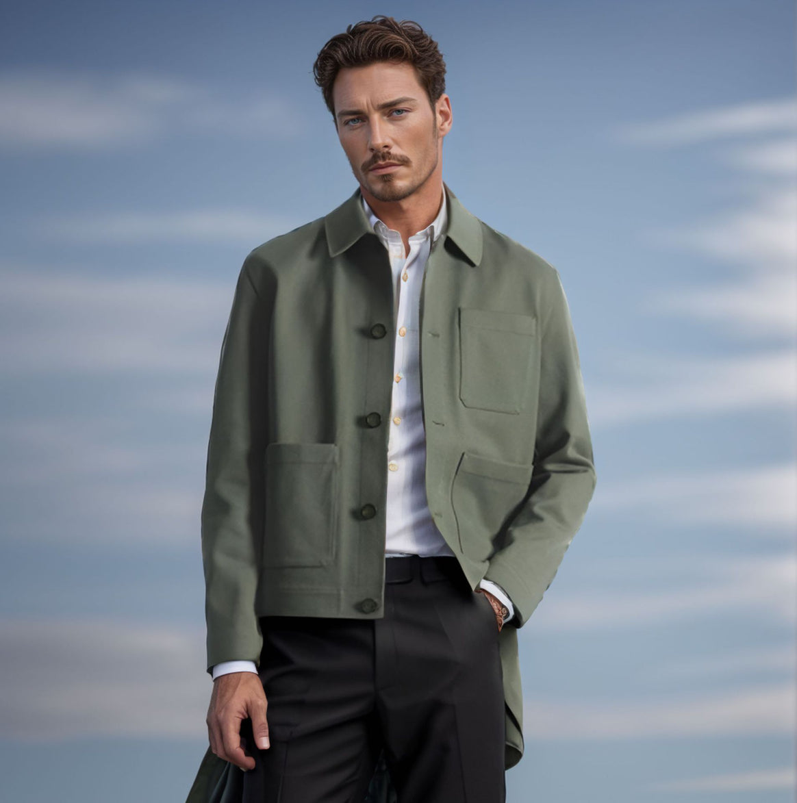 Men's short chore coat with shirt collar, patch pockets, and minimalist button placket Mune Fashion
