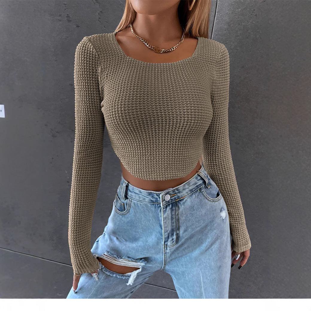 Women's Fitted Cropped Waffle Knit Top with Boat Neck Mune Fashion