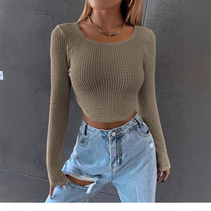 Women's Fitted Cropped Waffle Knit Top with Boat Neck Mune Fashion