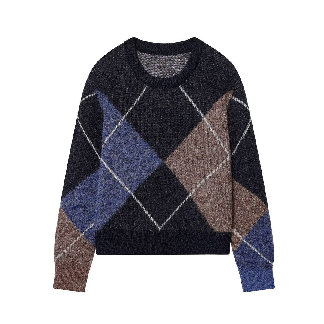 Women's Argyle Knit Sweater with Boxy Cropped Cut Mune Fashion
