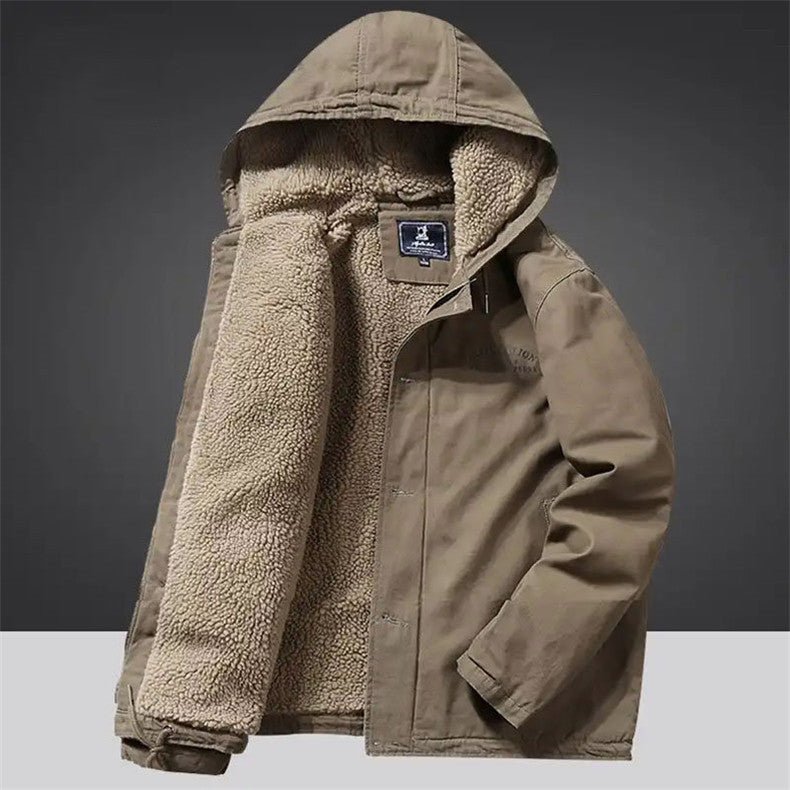 Men's Canvas Hoodie Parka with Continuous Teddy Fleece Lining and Drawstring Mune Fashion