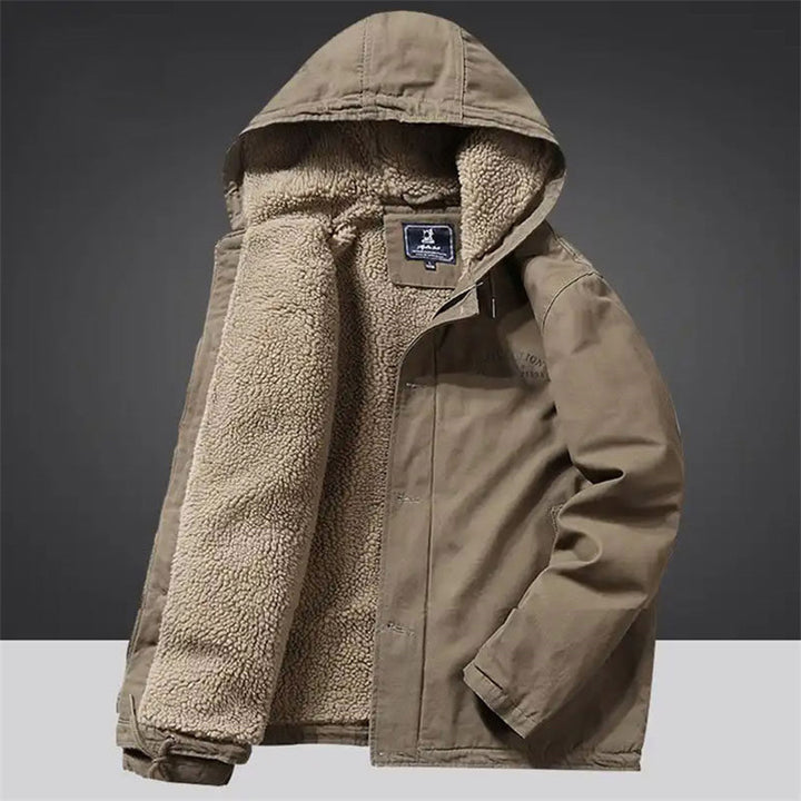 Men's Canvas Hoodie Parka with Continuous Teddy Fleece Lining and Drawstring Mune Fashion