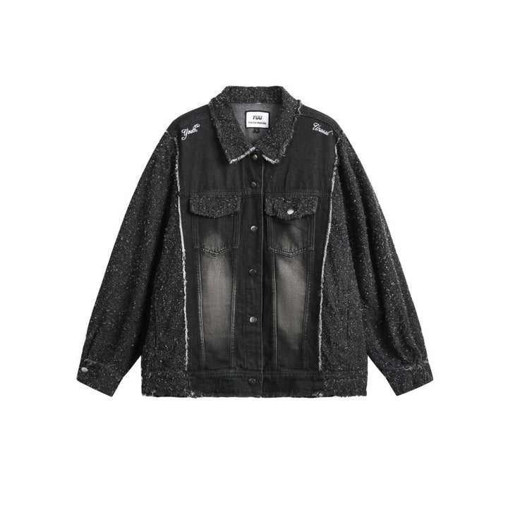 Unisex Oversized Denim Jacket with Mélange Boucle Sleeve and Frayed Edge Mune Fashion