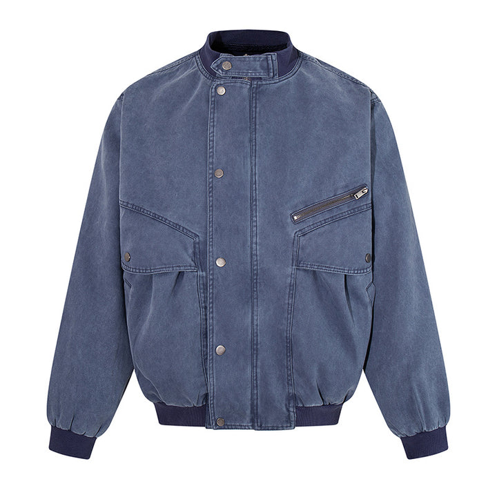 Men's Oversize Bomber Jacket in Vintage Wash with Stand Collar and Utility Pockets Mune Fashion