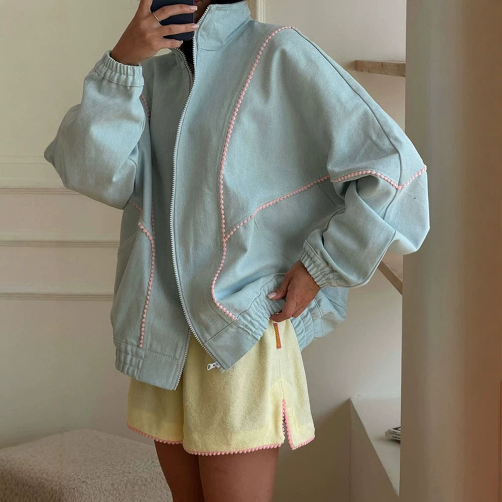 Women's Terry Loungewear Set with Zip Jacket, Oversized Cut & Pom Pom Trim Mune Fashion