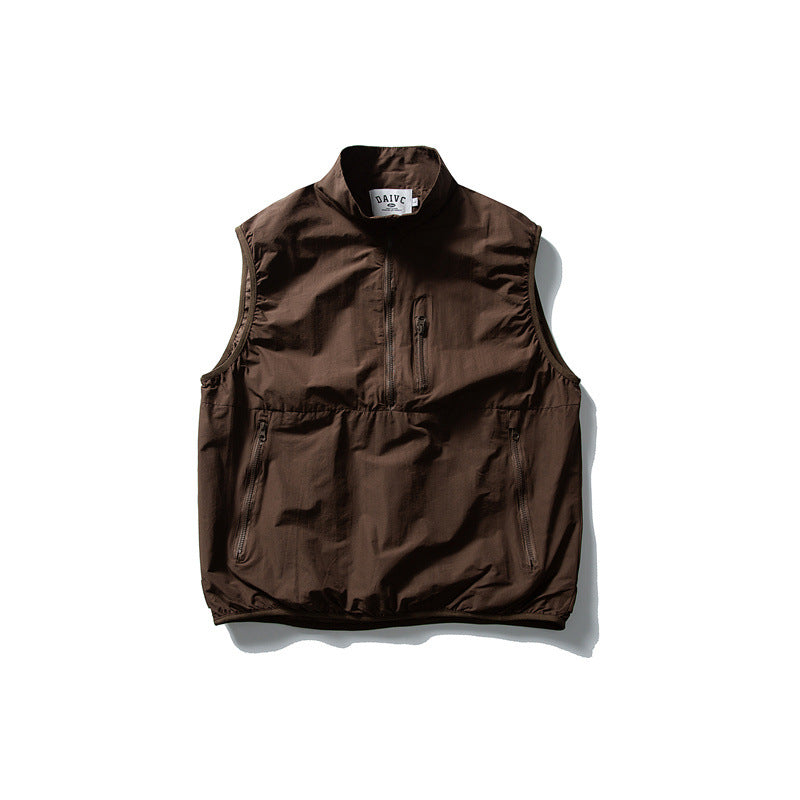 Men's Technical Utility Vest with High Stand Collar, Half Zipper and Weather-Resistant Pockets Mune Fashion