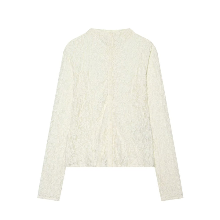 Women's Fine Lace Blouse with Floral Relief Pattern and Back Button Placket Mune Fashion