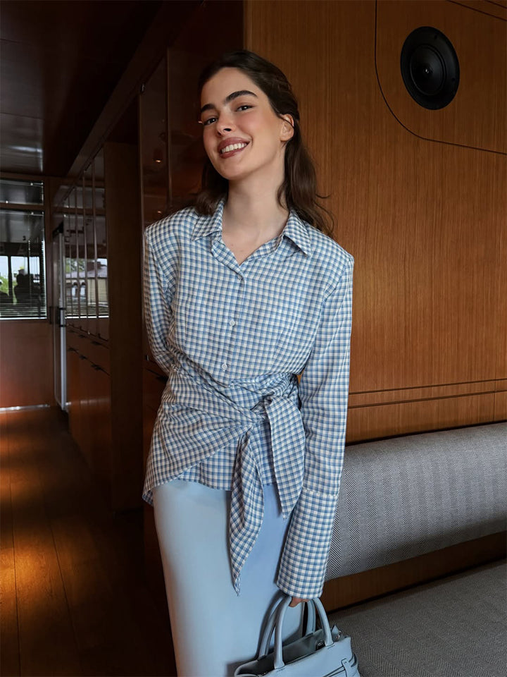 Women Gingham Wrap Blouse with Side Waist Tie and Shirt Collar Mune Fashion