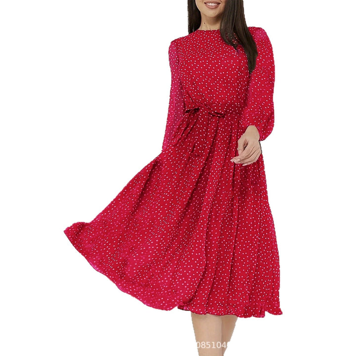 Ladies midi dress with dots, fitted tie belt and flounce skirt Drune