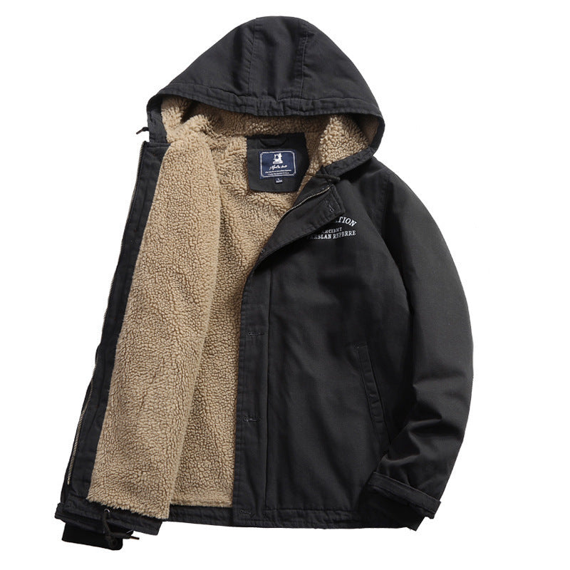 Men's cotton canvas hooded jacket with full teddy lining, concealed button and zipper placket, and inner pocket Mune Fashion