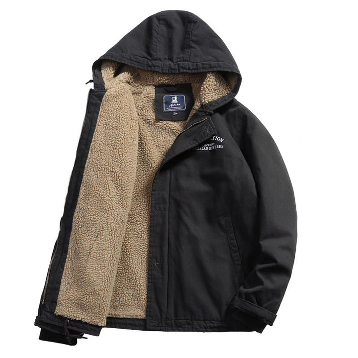 Men's cotton canvas hooded jacket with full teddy lining, concealed button and zipper placket, and inner pocket Mune Fashion