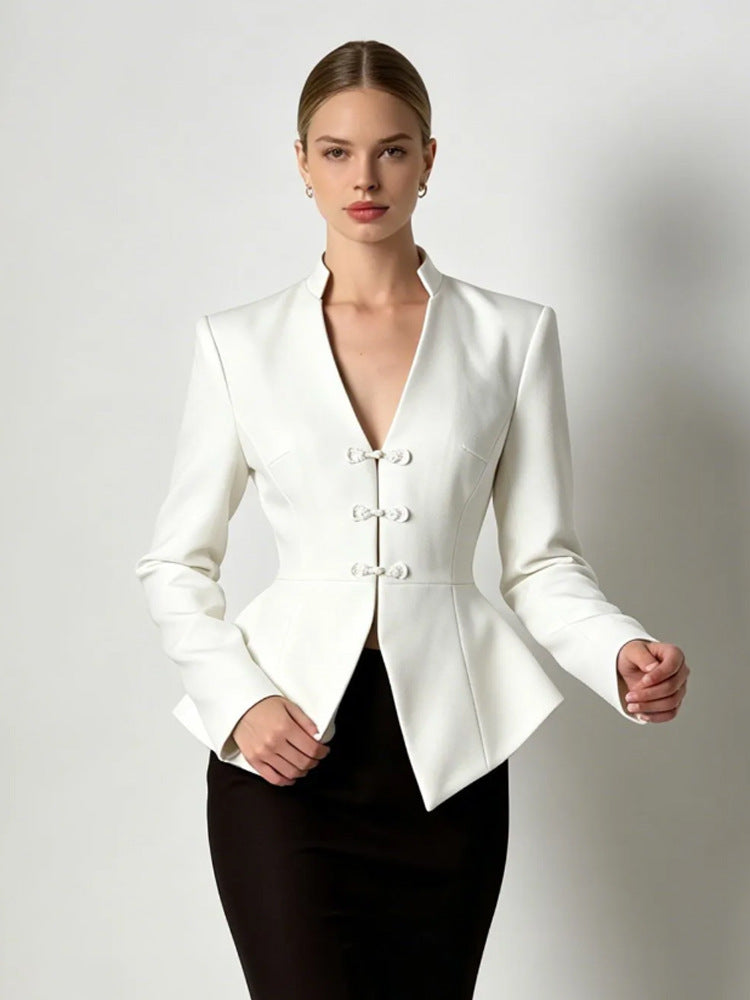 Women's Tailored Peplum Blazer with Mandarin Collar and Decorative Knot Fastenings Mune Fashion