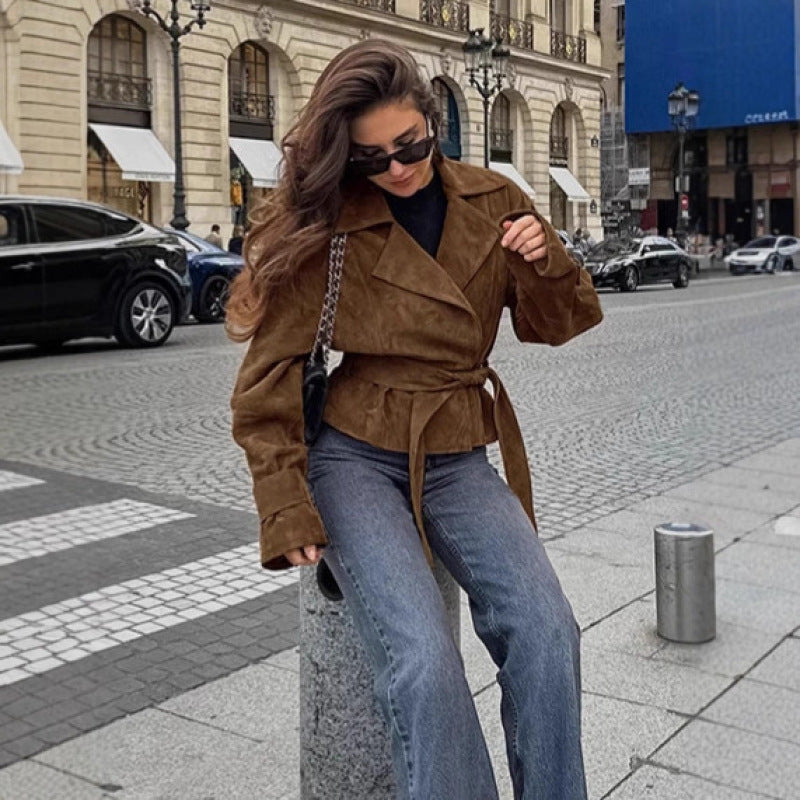 Women's Tailored Suede-Look Short Jacket with Wrap Belt and Long Cuffs Mune Fashion