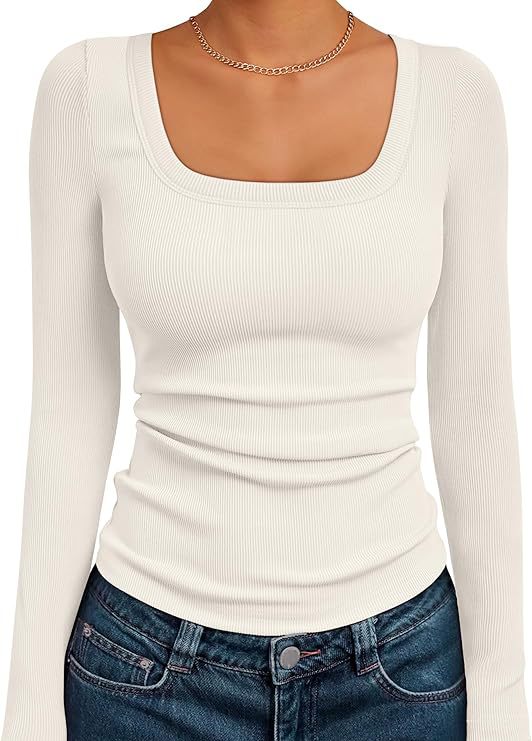Women's Fitted Ribbed Long Sleeve Shirt with Wide Square Neckline and Stretch Cotton Blend Mune Fashion