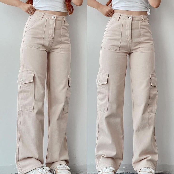 Women's High-Waist Cargo Pants made of Twill with Flap Pockets and Wide Leg Mune Fashion