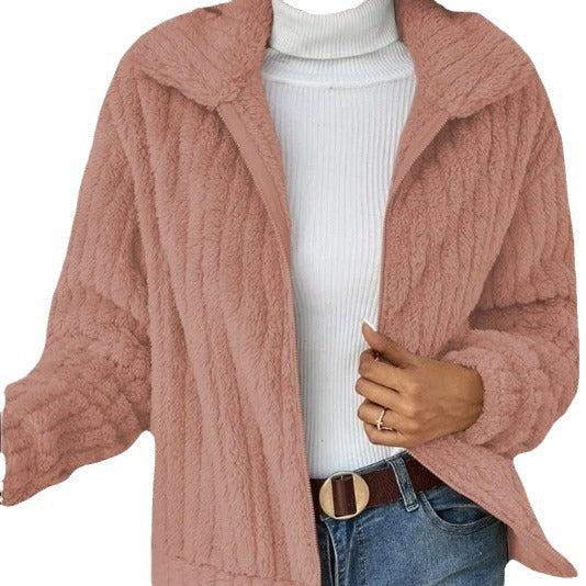 Ladies' fluffy teddy jacket with full-length zipper, stand-up collar, and front pockets Mune Fashion