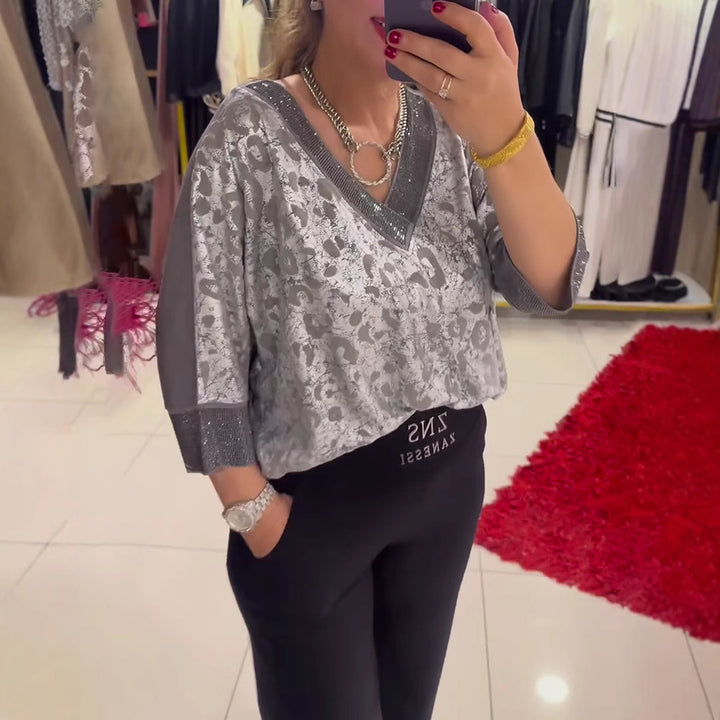 Women's shimmering Jacquard blouse shirt with V yoke in jewelry look and three-quarter sleeves Mune Fashion