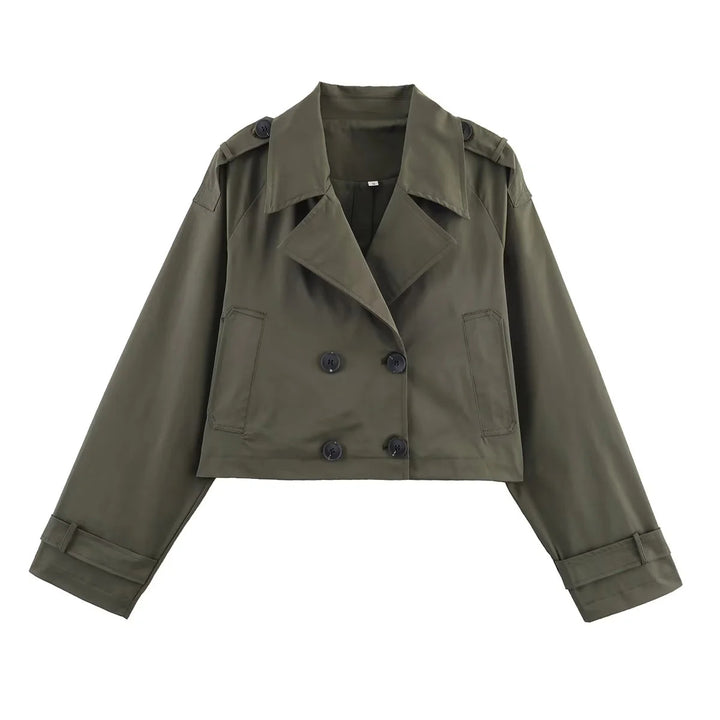 Women's cropped trench coat with double-breasted button placket, shoulder epaulettes, and adjustable cuffs Mune Fashion