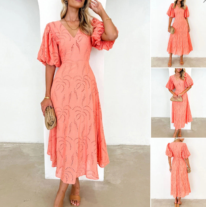 Women’s tailored mid-length dress with embroidery eyelet and voluminous balloon sleeves Mune Fashion