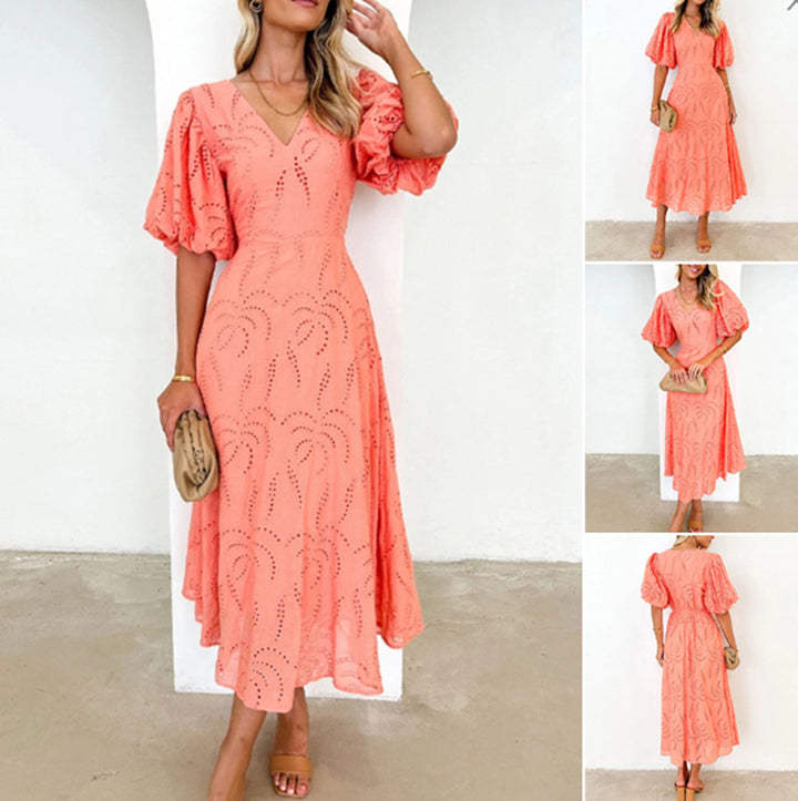 Women’s tailored mid-length dress with embroidery eyelet and voluminous balloon sleeves Mune Fashion