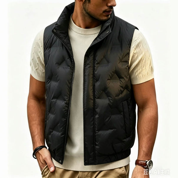Men's Quilted Down Vest with High Stand-Up Collar and Two-Way Zipper Mune Fashion