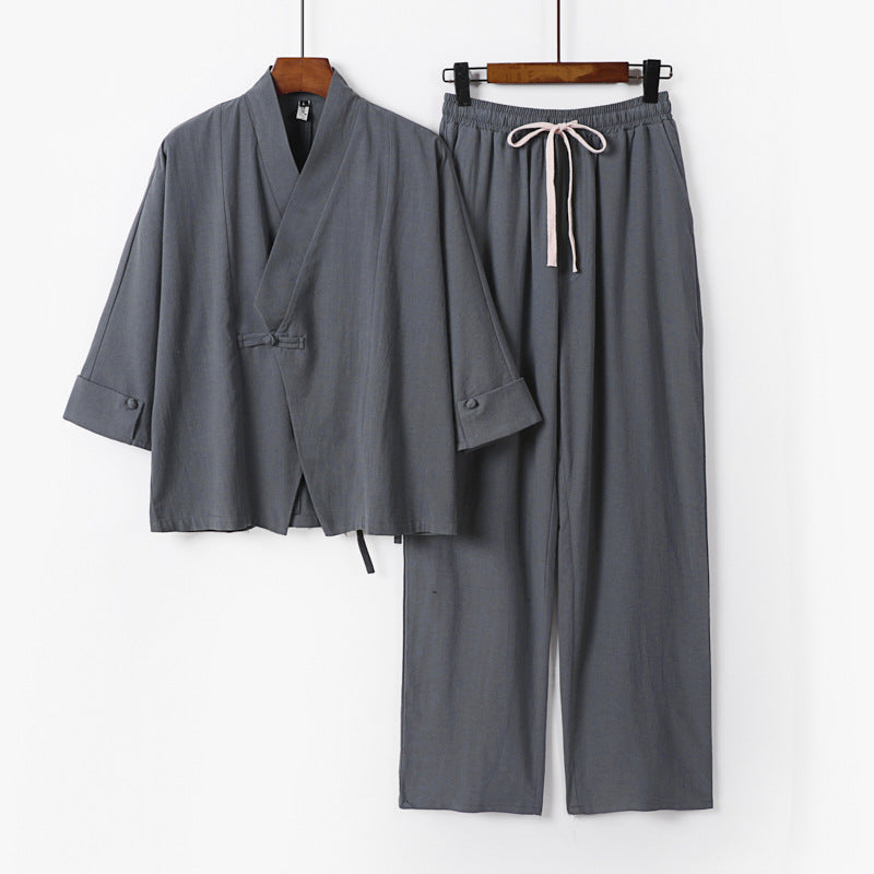 Unisex Lightweight Zen Lounge Set in Kimono Style with Dropped Shoulder Concealed Knot Placket and Elastic Drawstring Pants Mune Fashion
