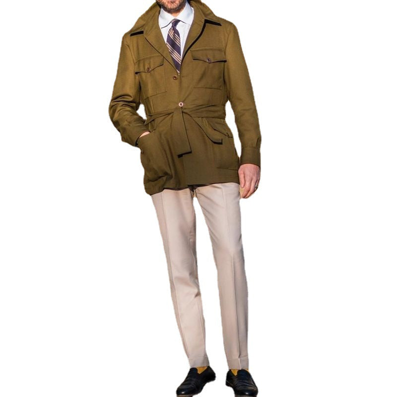 Men's Tailored Field Jacket with Tie Belt, Flap Pockets and Kent Collar Mune Fashion
