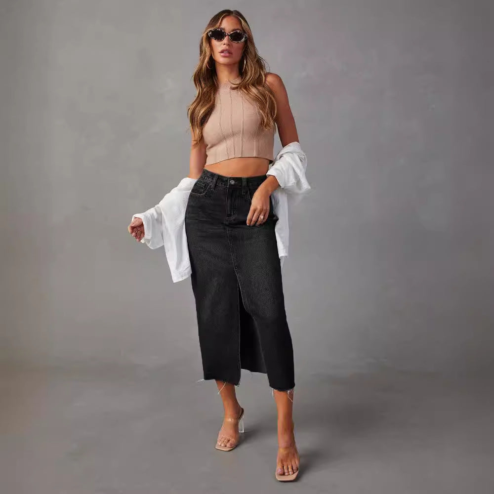 Women's high-waisted midi denim skirt with center front slit and raw hem Mune Fashion