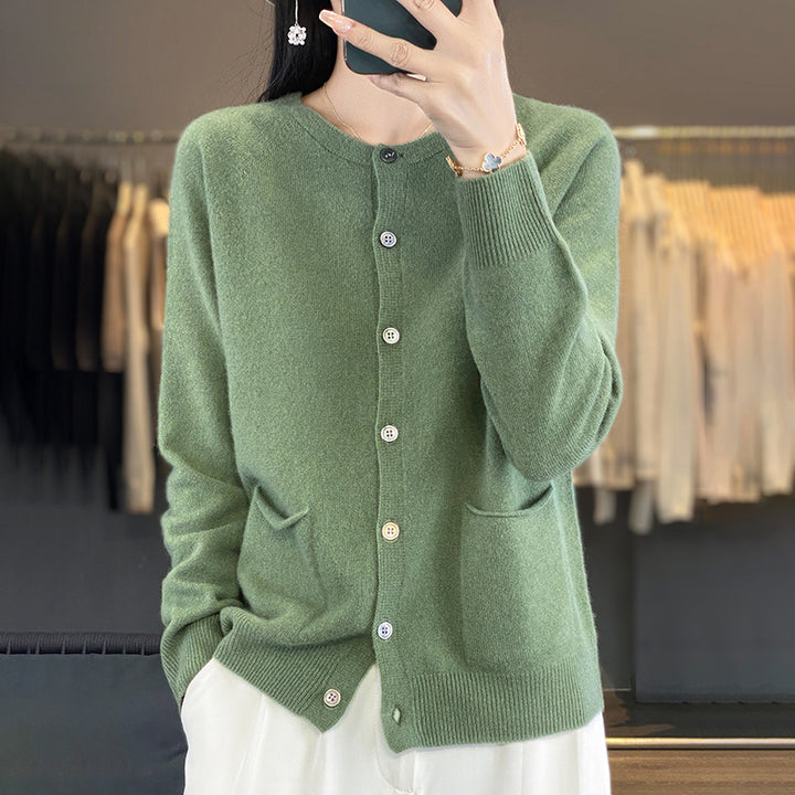 Women's Long Fine Knit Cardigan with Round Neck, In-seam Pockets and Alpaca Mix Mune Fashion