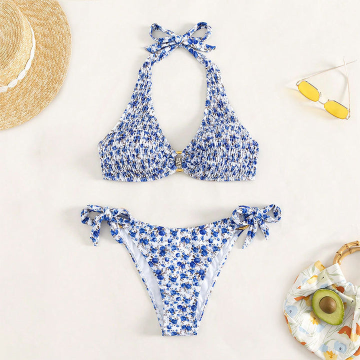Ladies Halter Bikini with floral design and playful tie bands Mune Fashion