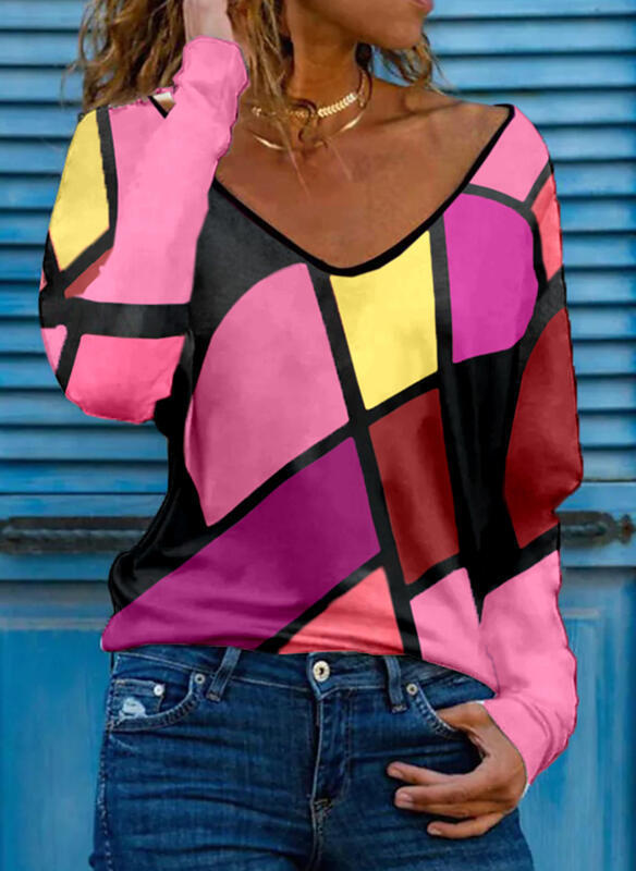 Women's Loose V-Neck Long Sleeve Shirt with Geometric Block Print and Oversized Fit Mune Fashion