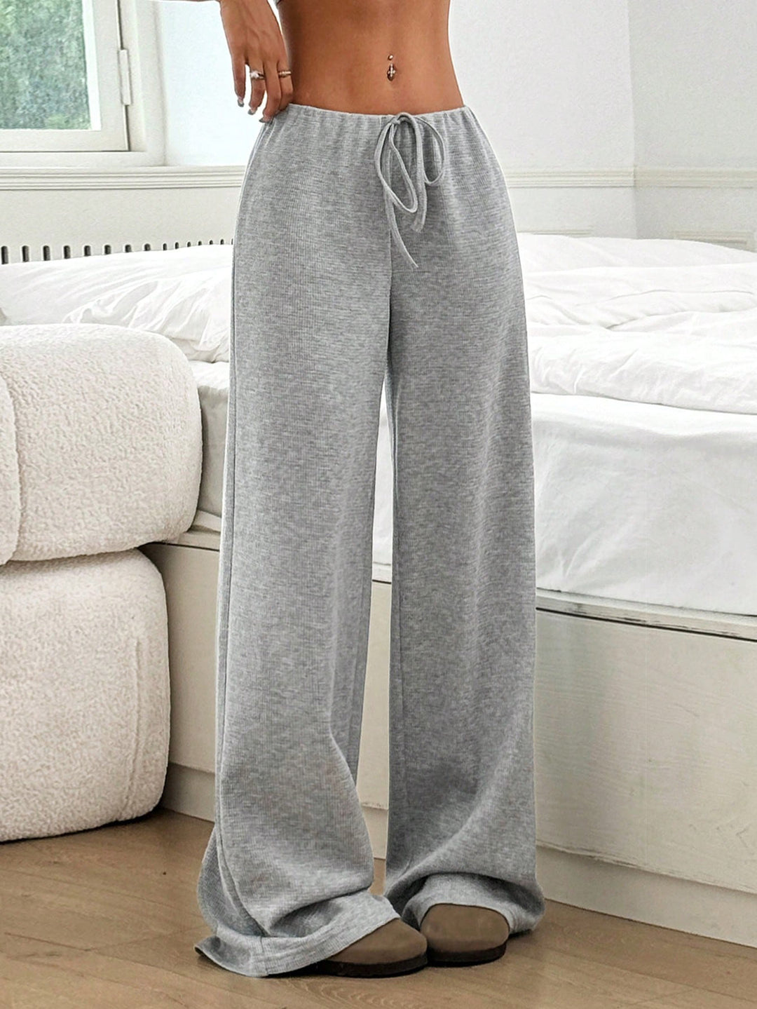 Women's loungewear pants with wide leg, ribbed fine knit and drawstring Mune Fashion