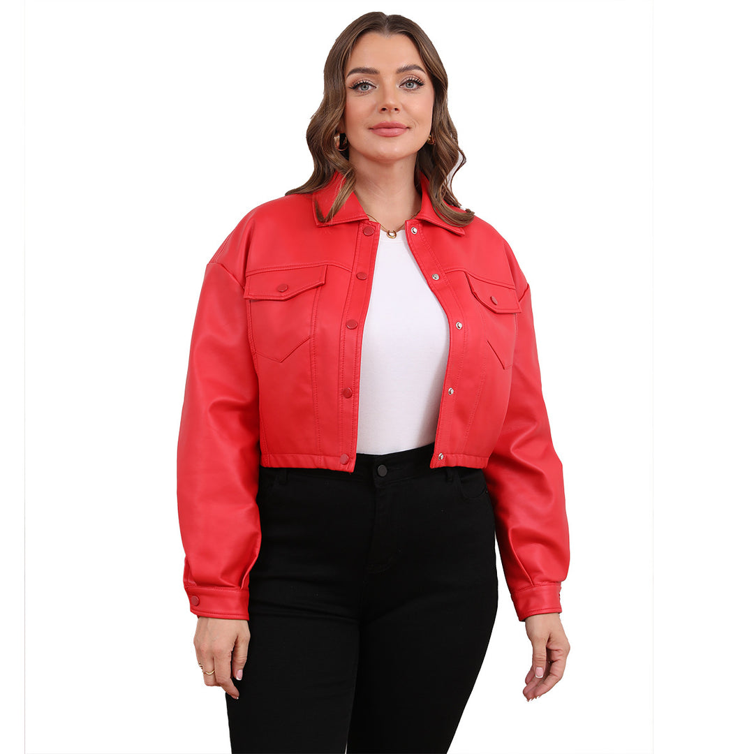 Women nan short oversized faux leather jacket in trucker style with flap pockets and concealed snap button placket Mune Fashion